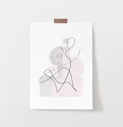 One Line Hand Drawn Abstract Wall Art with Pink and Gray Background