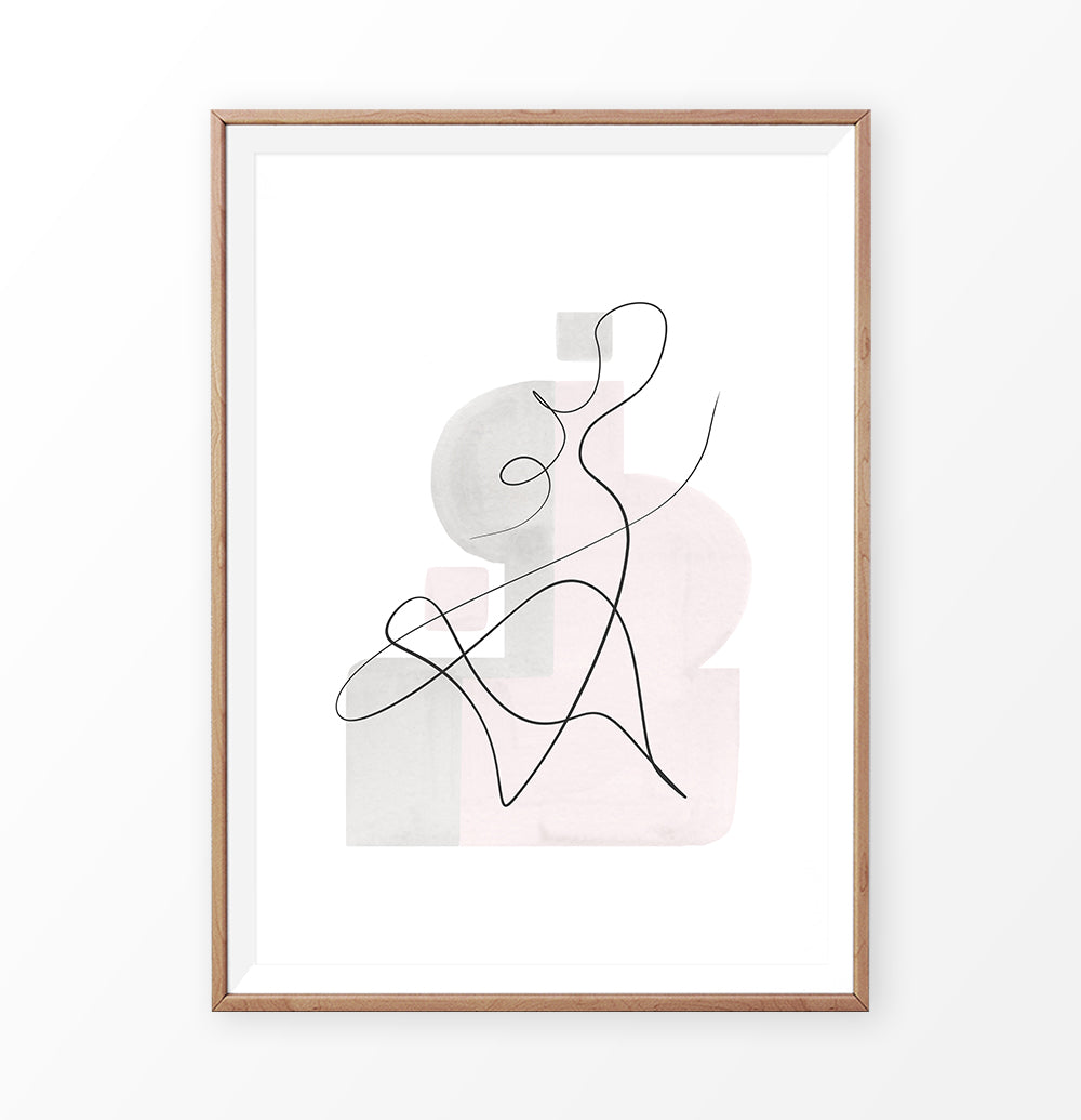 Wood-framed One Line Hand Drawn Abstract Wall Art with Pink and Gray Background