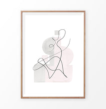 Load image into Gallery viewer, Wood-framed One Line Hand Drawn Abstract Wall Art with Pink and Gray Background
