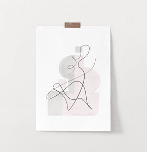 One Line Hand Drawn Abstract Wall Art with Pink and Gray Background
