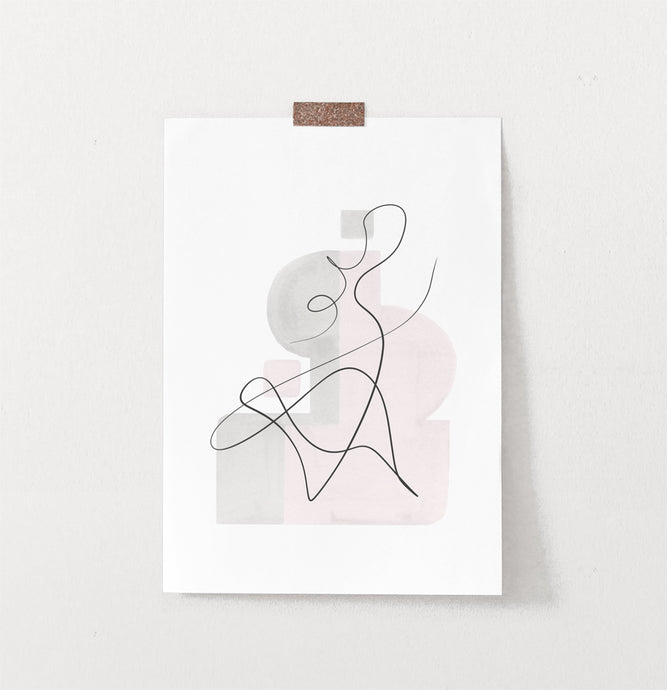 One Line Hand Drawn Abstract Wall Art with Pink and Gray Background