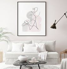 Load image into Gallery viewer, Black-framed One Line Hand Drawn Abstract Wall Art with Pink and Gray Background
