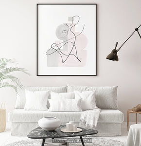 Black-framed One Line Hand Drawn Abstract Wall Art with Pink and Gray Background
