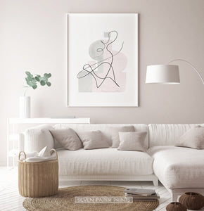 White-framed One Line Hand Drawn Abstract Wall Art with Pink and Gray Background