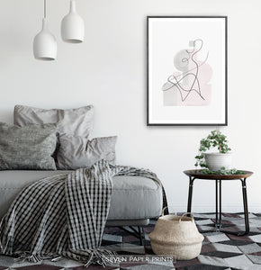 Black-framed One Line Hand Drawn Abstract Wall Art with Pink and Gray Background