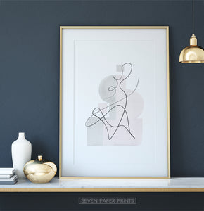 Gold-framed One Line Hand Drawn Abstract Wall Art with Pink and Gray Background