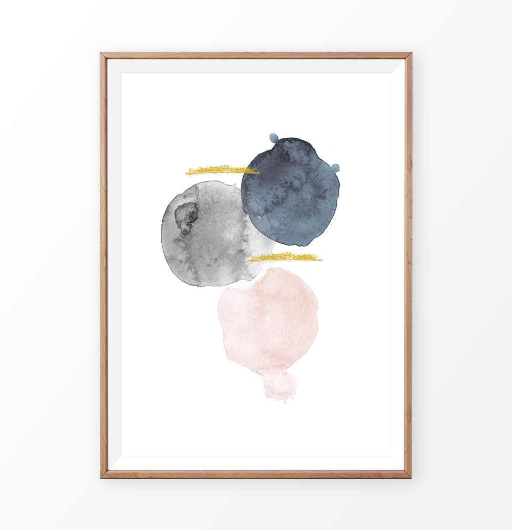 Abstract Navy Blue, Pink and Gray Geometric Art with Gold
