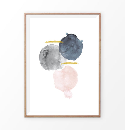 Abstract Navy Blue, Pink and Gray Geometric Art with Gold