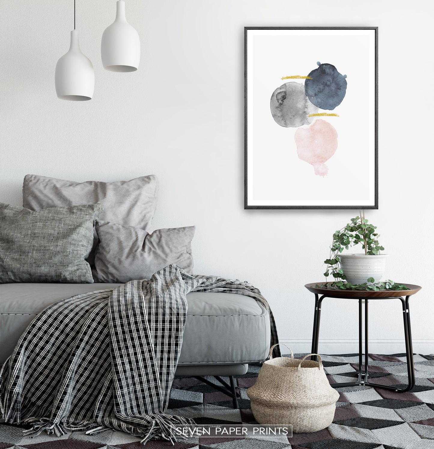 Modern Abstract Stain Art. Gray, Navy Blue, Pink