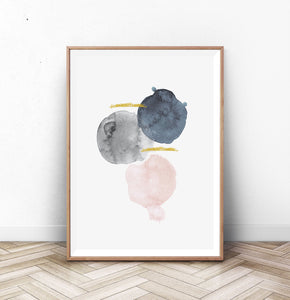 Modern Abstract Stain Art. Gray, Navy Blue, Pink