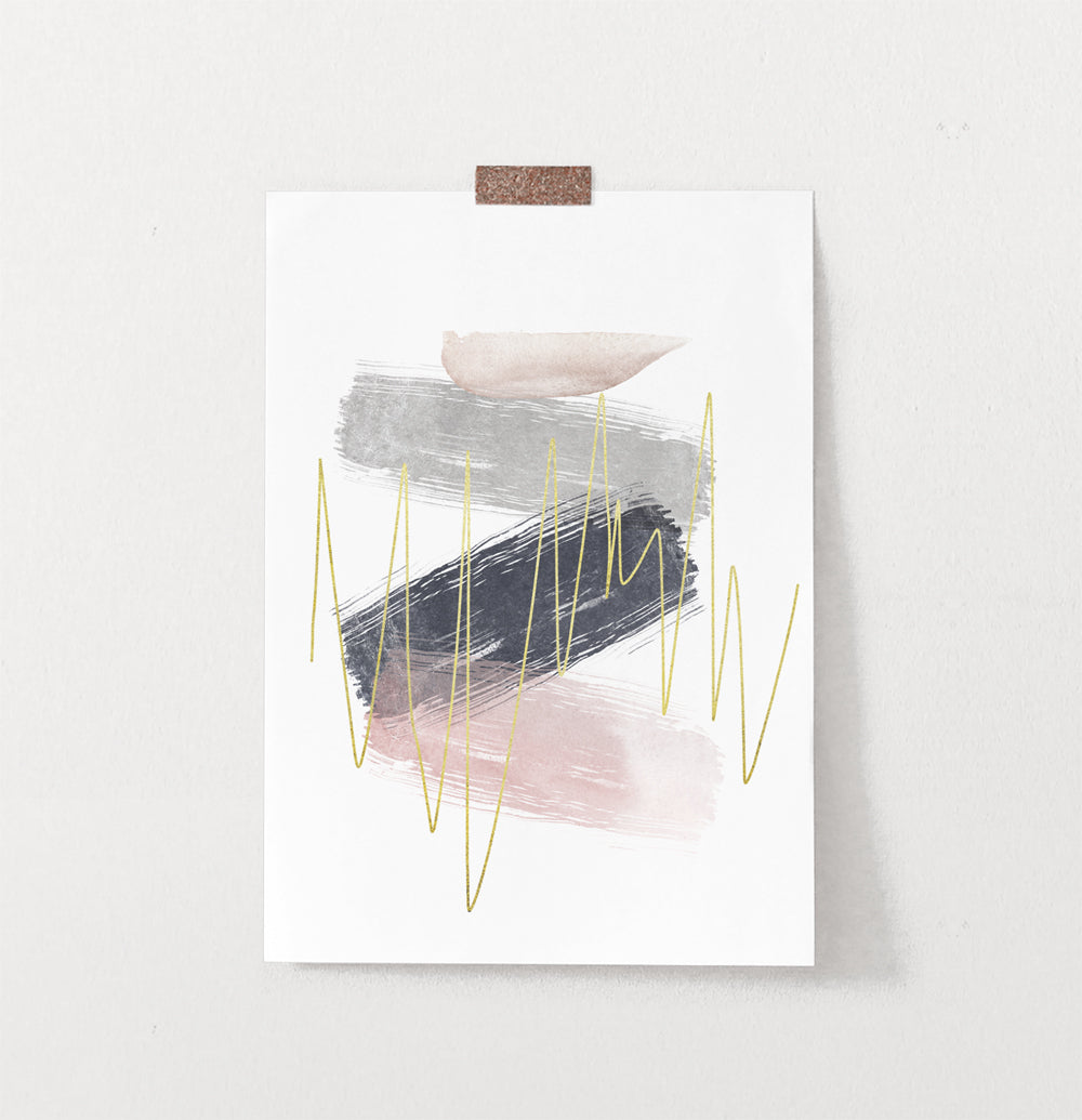 Abstract Brush Print with Gold, Gray, Pink, and Blue Colors
