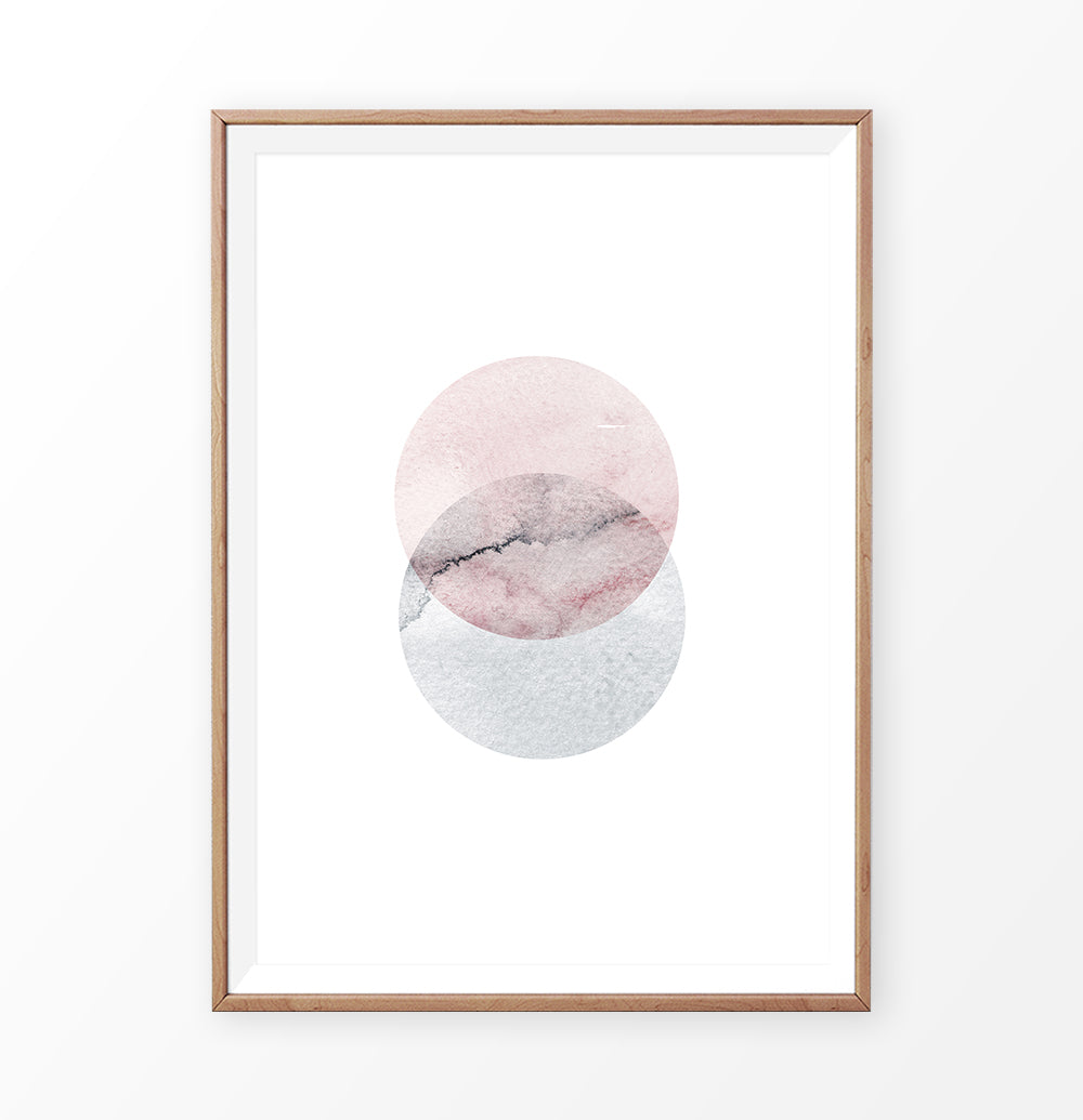Wood-framed Abstract Wall Art With Two Circles in Pink And Gray Colors