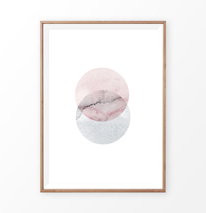 Wood-framed Abstract Wall Art With Two Circles in Pink And Gray Colors