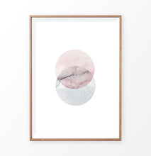 Load image into Gallery viewer, Wood-framed Abstract Wall Art With Two Circles in Pink And Gray Colors
