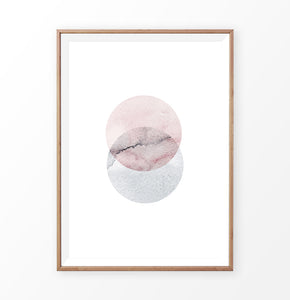 Wood-framed Abstract Wall Art With Two Circles in Pink And Gray Colors