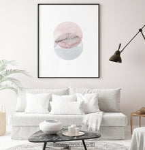 Load image into Gallery viewer, Black-framed Abstract Wall Art With Two Circles in Pink And Gray Colors
