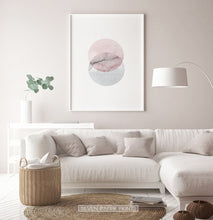 Load image into Gallery viewer, White-framed Abstract Wall Art With Two Circles in Pink And Gray Colors
