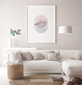 White-framed Abstract Wall Art With Two Circles in Pink And Gray Colors