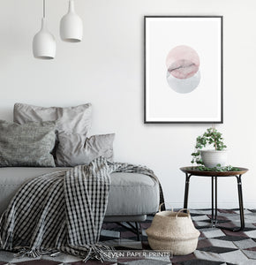 Black-framed Abstract Wall Art With Two Circles in Pink And Gray Colors