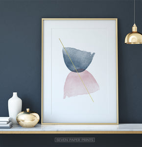 Gold-framed Blue and Pink Symmetrical Smears With a Golden Line Wall Decor