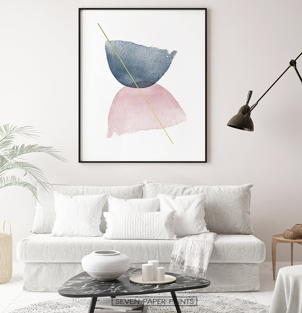Black-framed Blue and Pink Symmetrical Smears With a Golden Line Wall Decor