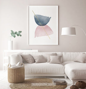 White-framed Blue and Pink Symmetrical Smears With a Golden Line Wall Decor