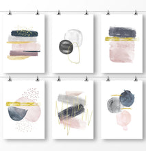 Load image into Gallery viewer, Minimalist wall art, watercolor painting, pink navy abstract, abstract minimalist watercolor prints, set of 6 piece
