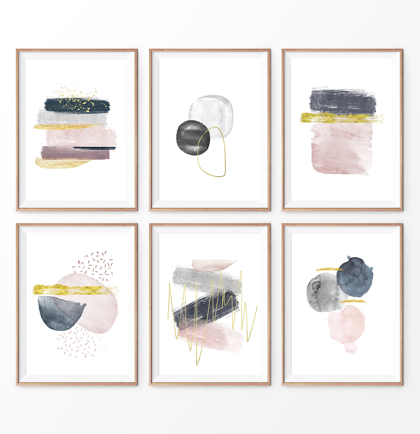 Abstract brush art set, Mid-century painting prints. 6 piece wall art 