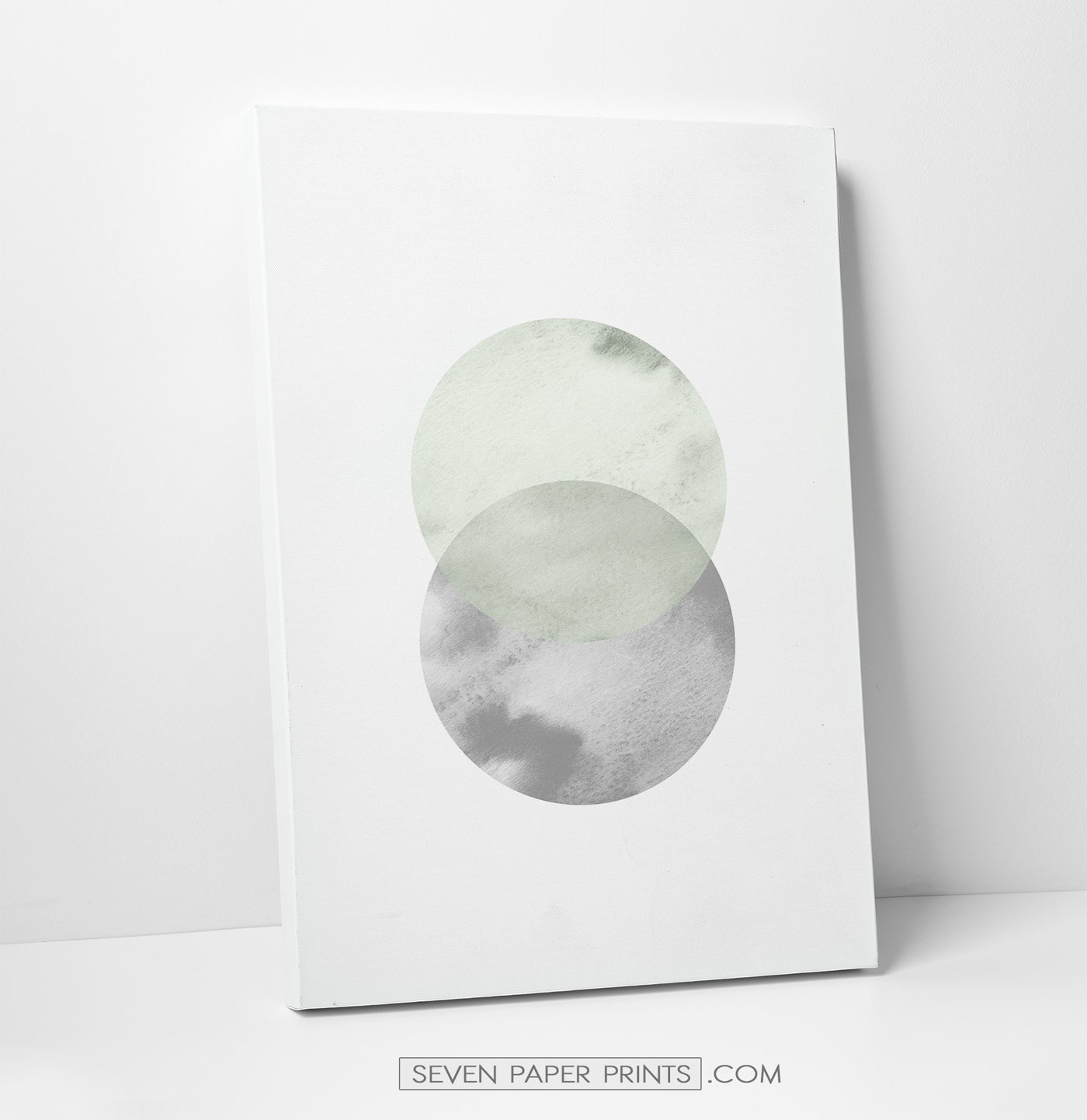 Green and Gray Circles Watercolor Art Print on a frame