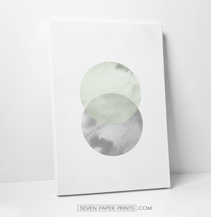 Green and Gray Circles Watercolor Art Print on a frame