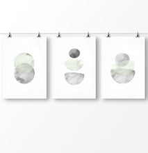 Load image into Gallery viewer, Set of 3 artworks, best Nordic art, watercolor paintings, gray and green, minimalist art
