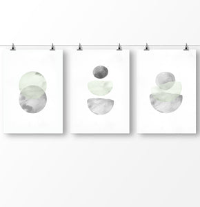Set of 3 artworks, best Nordic art, watercolor paintings, gray and green, minimalist art