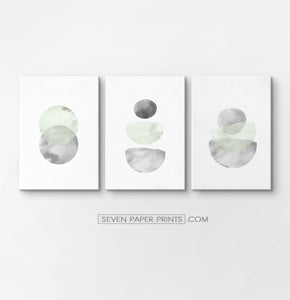 Three Abstract Green and Gray Watercolor Art Prints on rectangular canvases