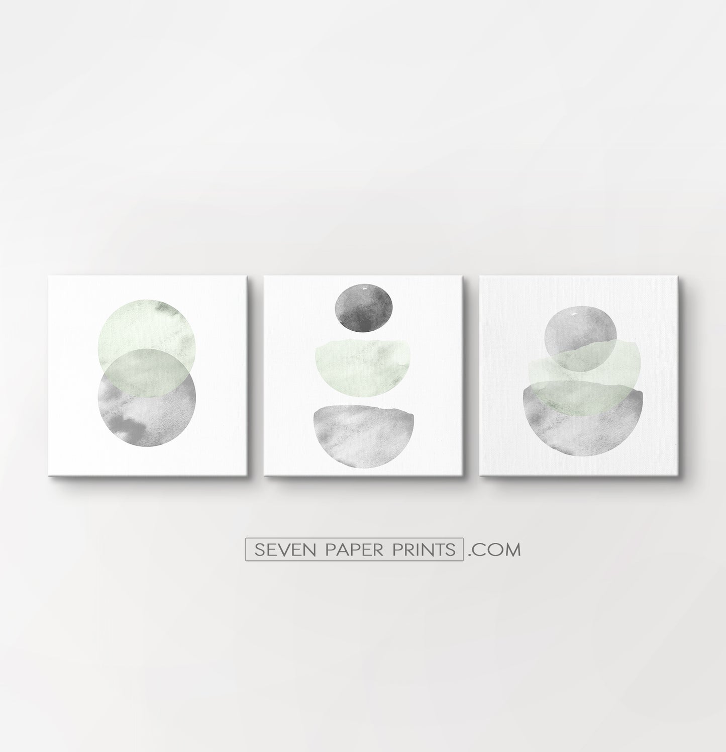 Three Abstract Green and Gray Watercolor Art Prints on square canvases