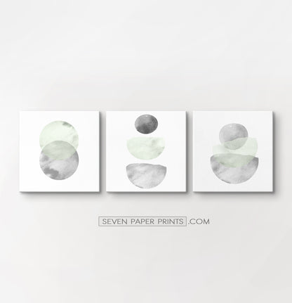 Three Abstract Green and Gray Watercolor Art Prints on square canvases