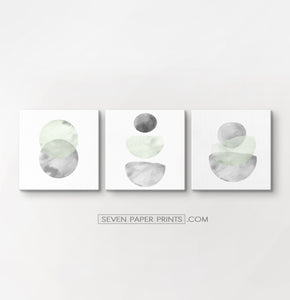 Three Abstract Green and Gray Watercolor Art Prints on square canvases