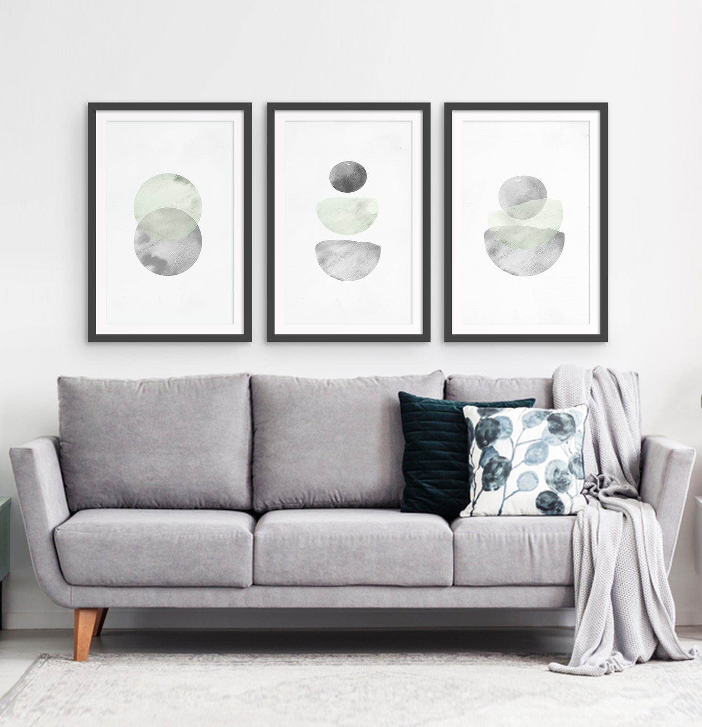 Green-Gray Scandinavian Abstract Moon Art. Set of 3 Framed Prints