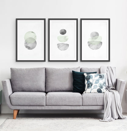 Green-Gray Scandinavian Abstract Moon Art. Set of 3 Framed Prints