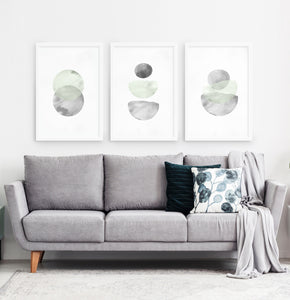 Green-Gray Scandinavian Abstract Moon Art. Set of 3 Framed Prints