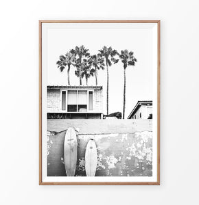 Hawaii Surfing Wall Art Print with surfboard and palms