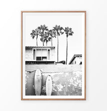 Load image into Gallery viewer, Black and White Surfboards on the Beach
