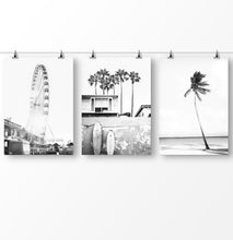 Load image into Gallery viewer, Black and White surfboard, palm trees, black and white coastal wall art

