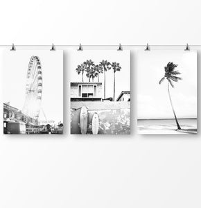 Black and White surfboard, palm trees, black and white coastal wall art