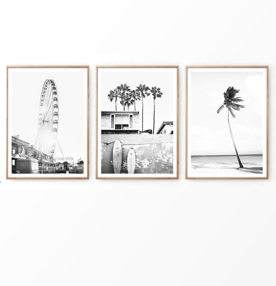 Ferris wheel and Beach Landscape with Surf Boards Set of 3 Prints