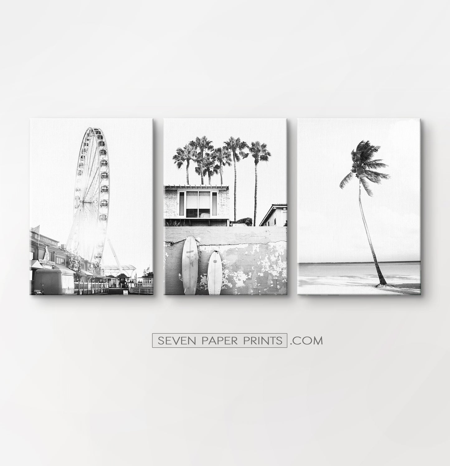 Black white coastal set of 3 canvases #260