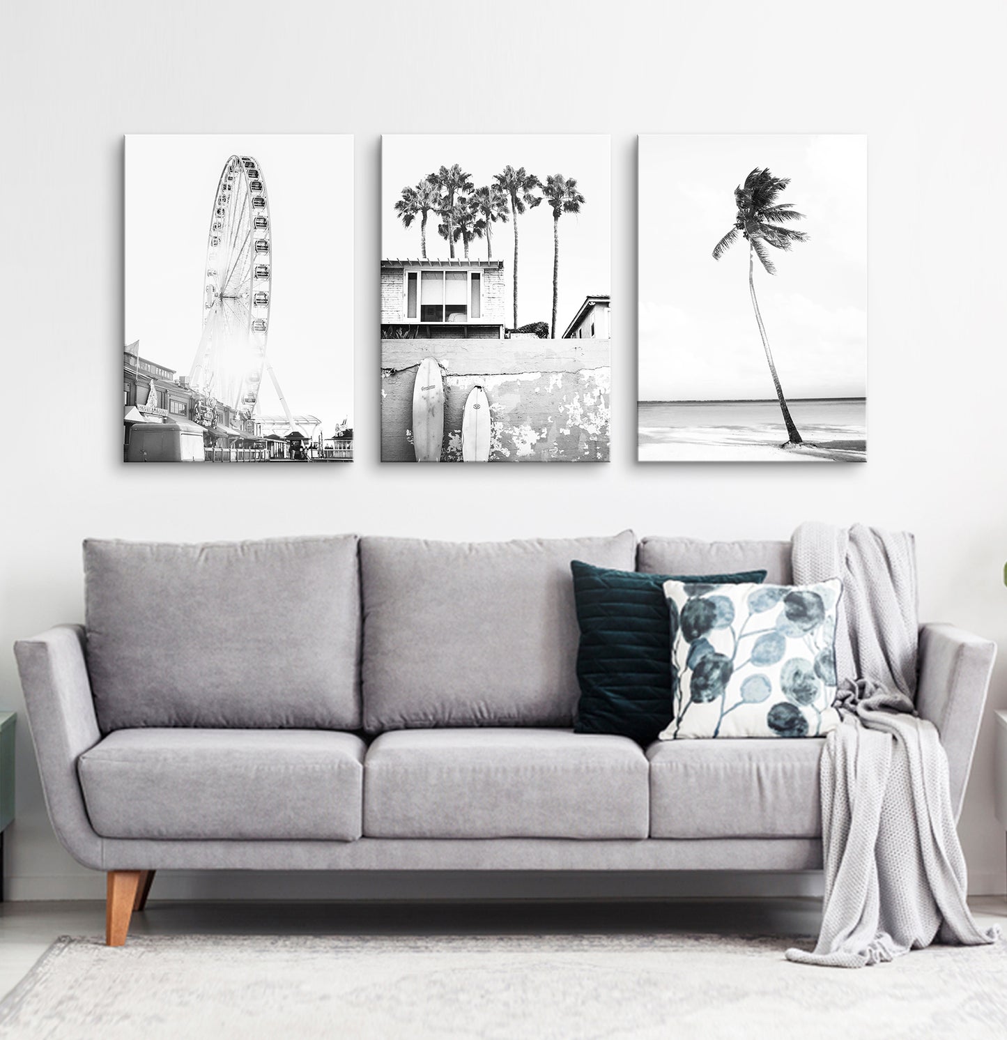 Black white coastal set of 3 canvases #260