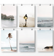 Load image into Gallery viewer, Surfing poster, ocean waves, ocean rocks, palm tree leaves, beach photography
