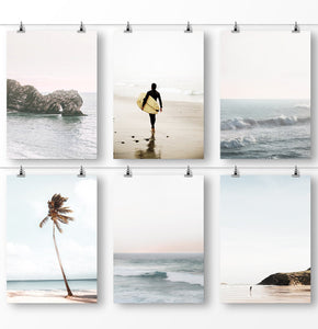 Surfing poster, ocean waves, ocean rocks, palm tree leaves, beach photography