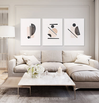 Beige Wall Set of Scandinavian Prints, Powder Color Abstract