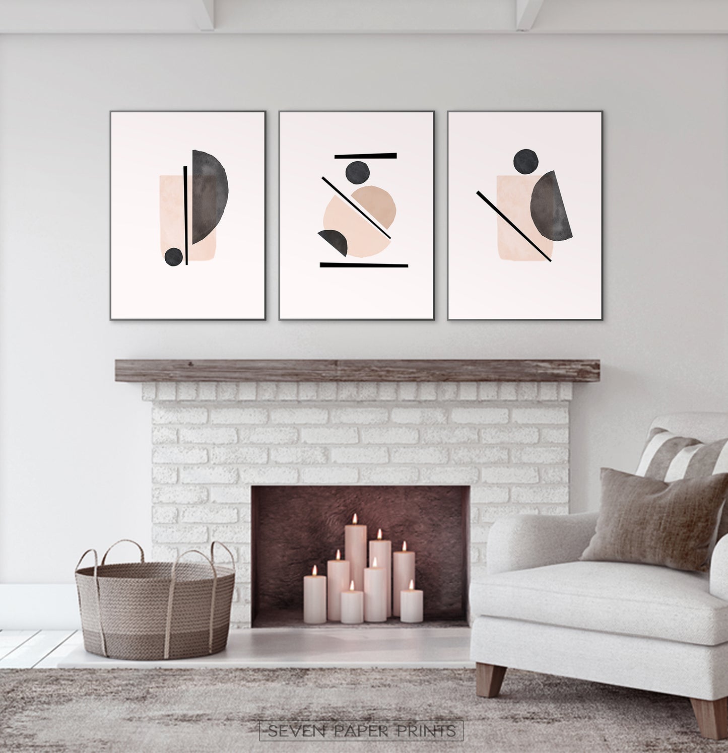 Beige Wall Set of Scandinavian Prints, Powder Color Abstract